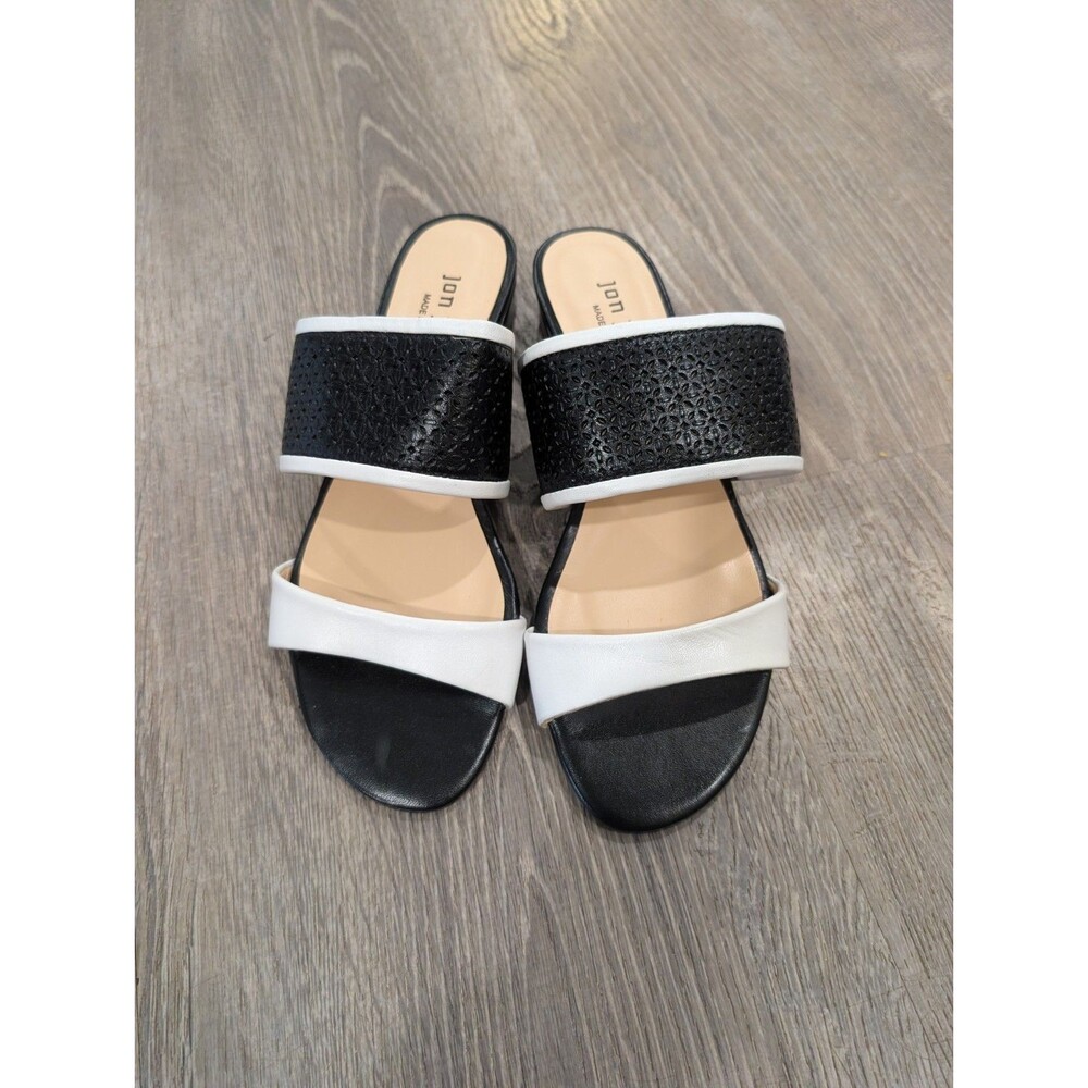 Jon Josef Zinnia Laser Cut Black White Leather Slide Sandals Heels Womens Sz 7M